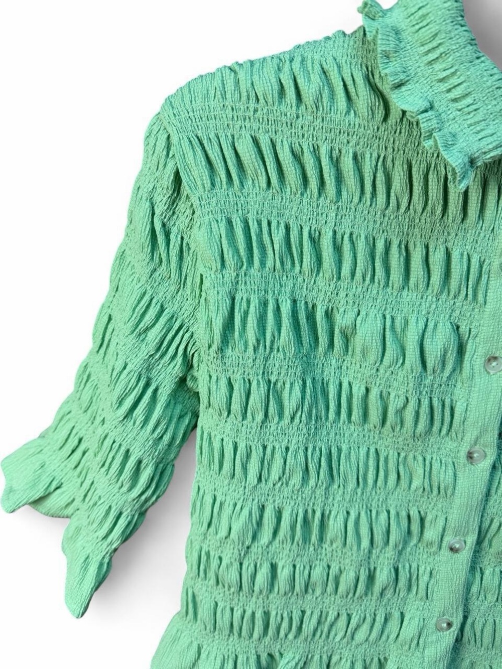 Maeve Anthropologie Green Smocked Button Front Ruffle Blouse Large - Picture 4 of 6